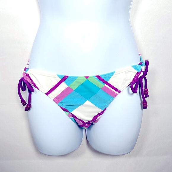 O’Neill New Swim Bottoms Size Small Blue Purple White Green Tie Sides Plaid - Picture 1 of 6